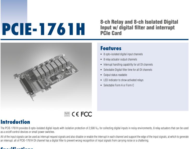 研華PCIE-1761H 8通道繼電器和8通道隔離式數(shù)字輸入，帶數(shù)字濾波器和中斷PCIe卡