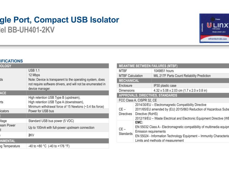 研華BB-UH401-2KV USB 2.0 2 kV隔離器，1端口，12 Mbps全速