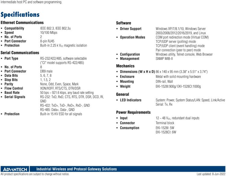 研華EKI-1528CI-DR 8-port RS-422/485 Serial Device Server - Isolation, Wide Temperature