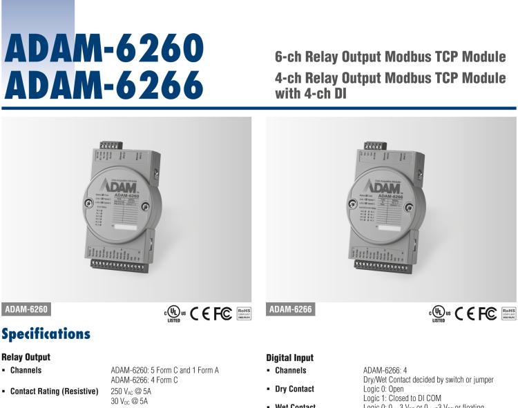 研華ADAM-6266 支持Modbus TCP的4路繼電器輸出模塊，帶4路DI