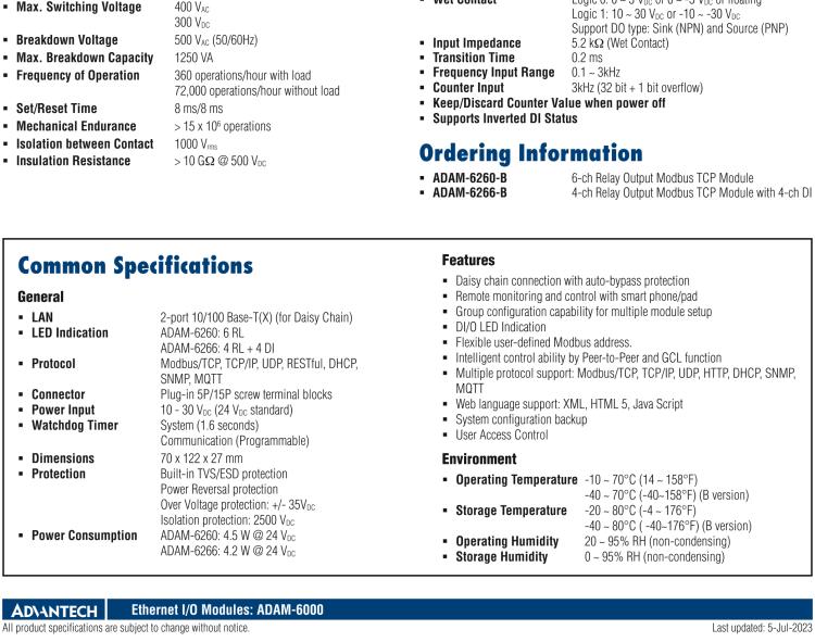 研華ADAM-6266 支持Modbus TCP的4路繼電器輸出模塊，帶4路DI