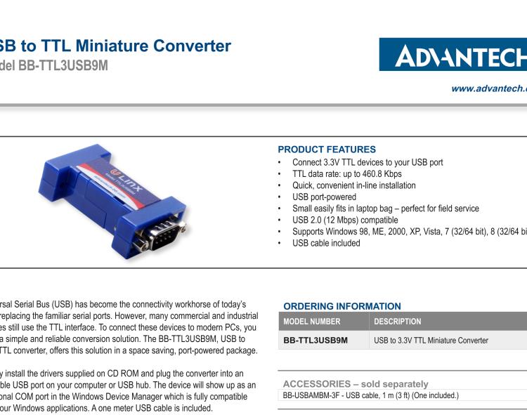 研華BB-TTL3USB9M 串口轉(zhuǎn)換器，USB 2.0至3.3 V TTL DB9 公頭