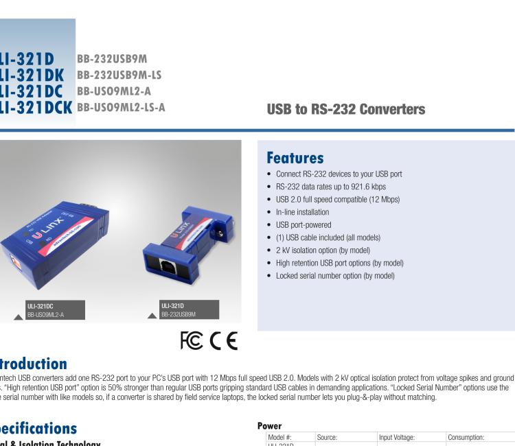 研華BB-232USB9M-LS ULI-321DK USB 2.0到RS-232轉(zhuǎn)換器，DB9公頭 端口號鎖定