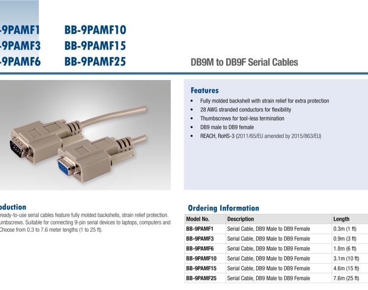 研華BB-9PAMF6 Serial Cable, RS-232 DB9 M to DB9 F, 1.8 m / 6 ft