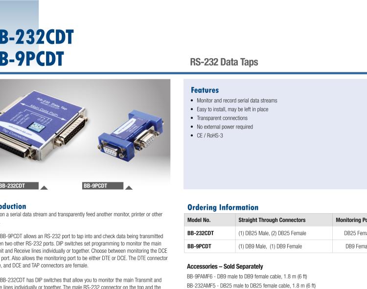 研華BB-232CDT 串口數(shù)據(jù)監(jiān)聽器，RS-232，DB25 公頭至DB25 母頭加DB25 母頭監(jiān)視器