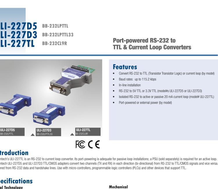 研華BB-232LPTTL ULI-227D5 RS-232（DB9母頭）至5V TTL（DB9公頭）轉(zhuǎn)換器，端口供電