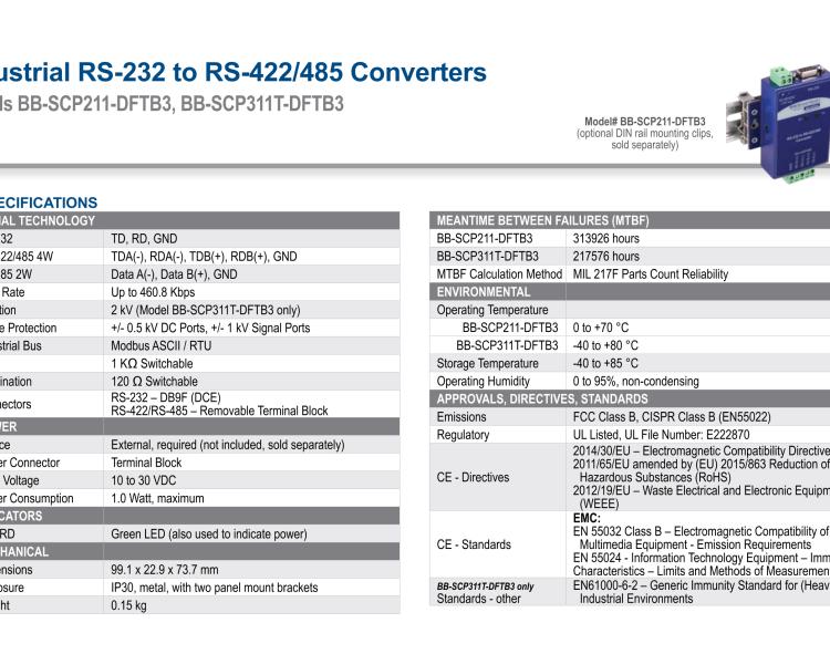 研華BB-SCP311T-DFTB3 ULI-224THC 寬溫度范圍、隔離式、RS-232 至 422/485 轉(zhuǎn)換器