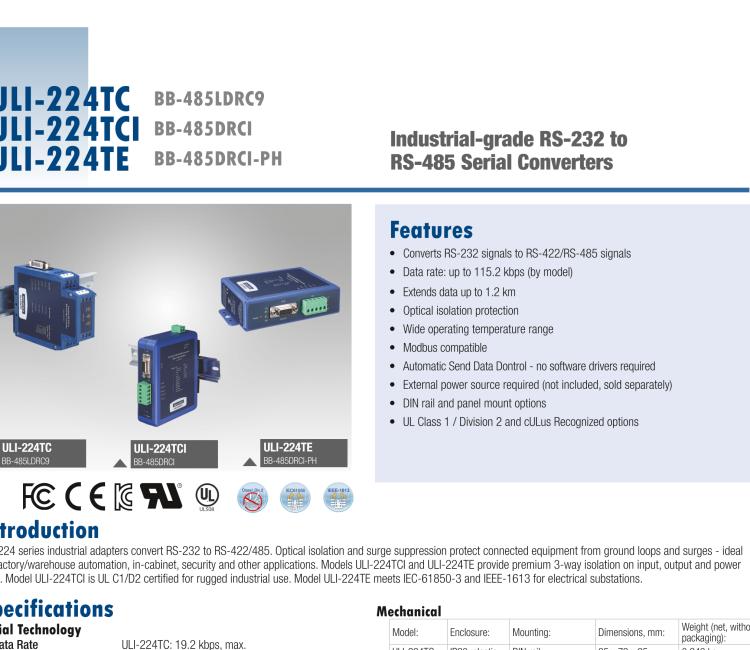 研華BB-4WSD9OTB ULI-224TCL RS-232（DB9母頭）至隔離式RS-422/485（接線端子）轉(zhuǎn)換器