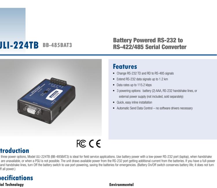 研華BB-485BAT3 ULI-224TB RS-232（DB9母頭至RS-422/485（接線端子）轉(zhuǎn)換器，電池供電