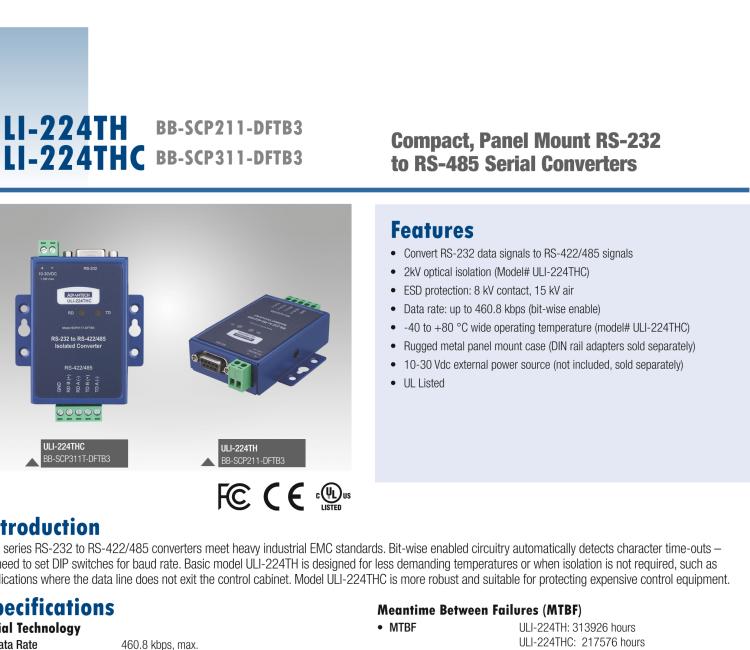 研華BB-485BAT3 ULI-224TB RS-232（DB9母頭至RS-422/485（接線端子）轉(zhuǎn)換器，電池供電