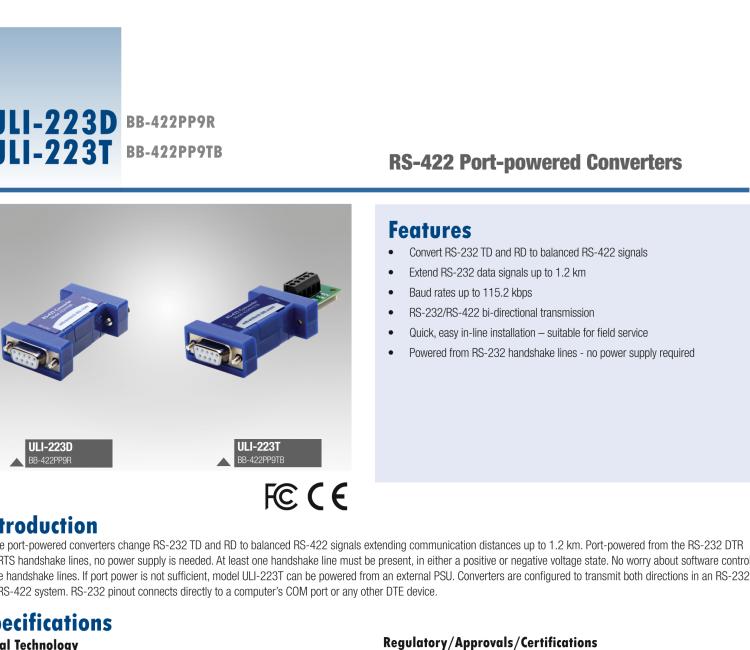 研華BB-422PP9TB ULI-223T RS-232（DB9母頭）至RS-422（接線端子）轉(zhuǎn)換器，端口供電