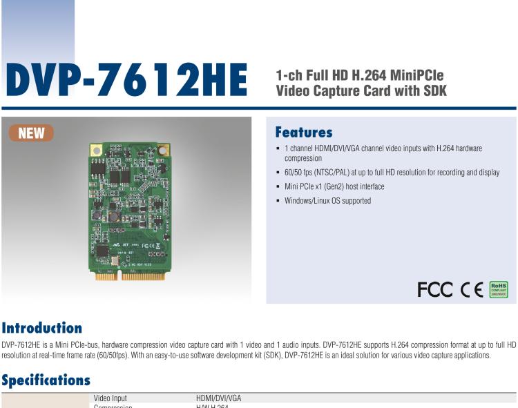 研華DVP-7612HE 1-ch Full HD H.264 MiniPCIe Video Capture Card with SDK