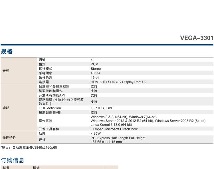 研華VEGA-3301 4Kp60 HEVC 廣電級(jí)視頻編碼卡