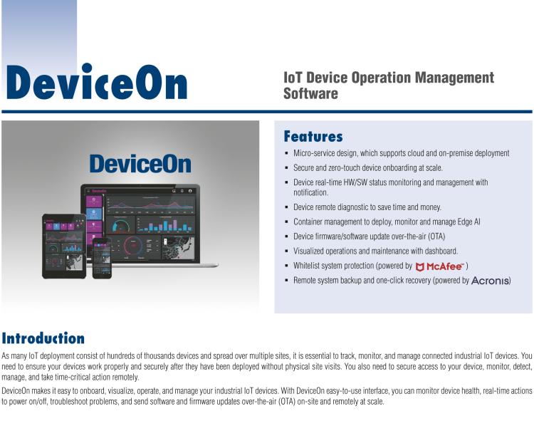 研華DeviceOn DeviceOn.DM是IoT設(shè)備管理，可遠(yuǎn)程管理連接的設(shè)備并提供集中式管理功能。